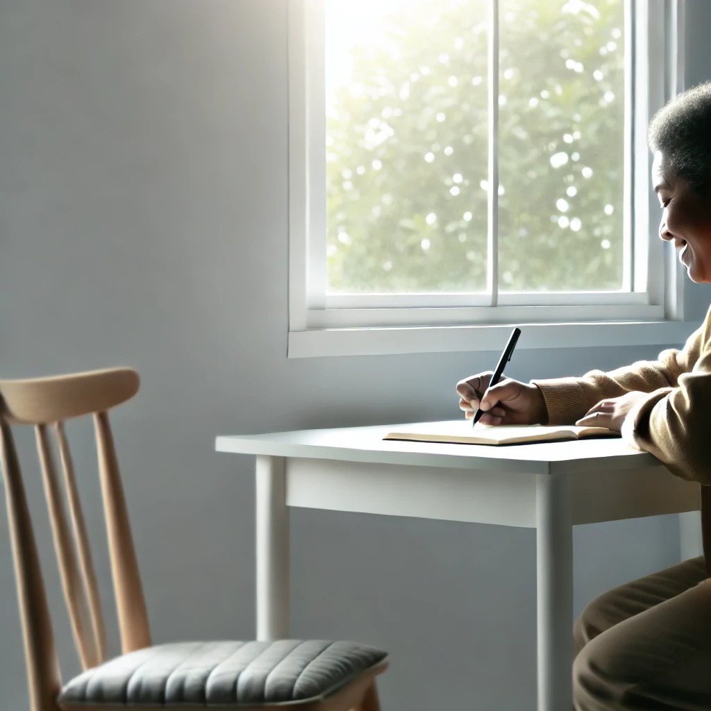 DALL·E 2024-09-30 09.49.20 - A peaceful morning scene with a person writing in a notebook at a clean, minimalist desk. Soft light from a window illuminates the space, and the poet