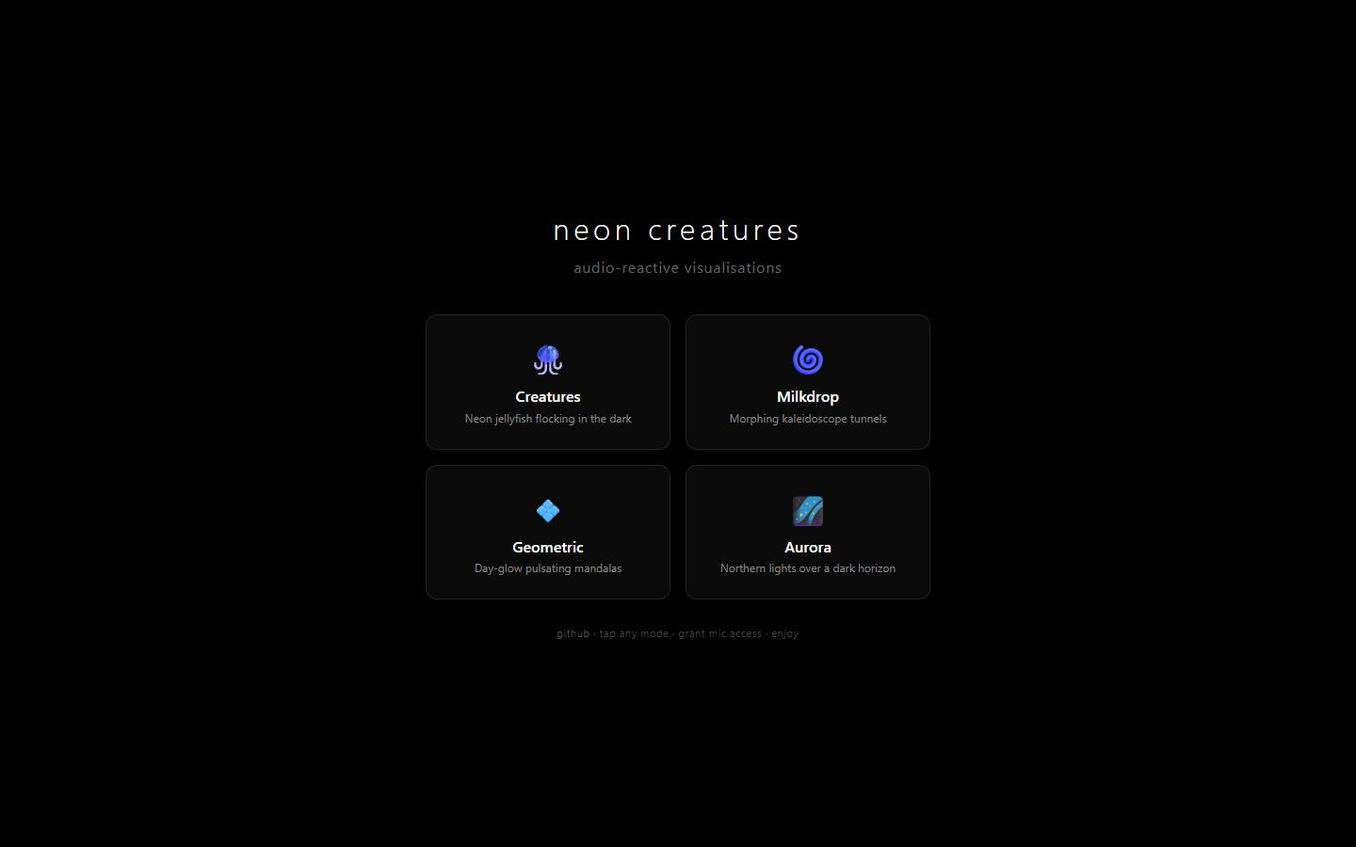 Landing page showing four visualisation mode cards on a dark background: Creatures, Milkdrop, Geometric, and Aurora