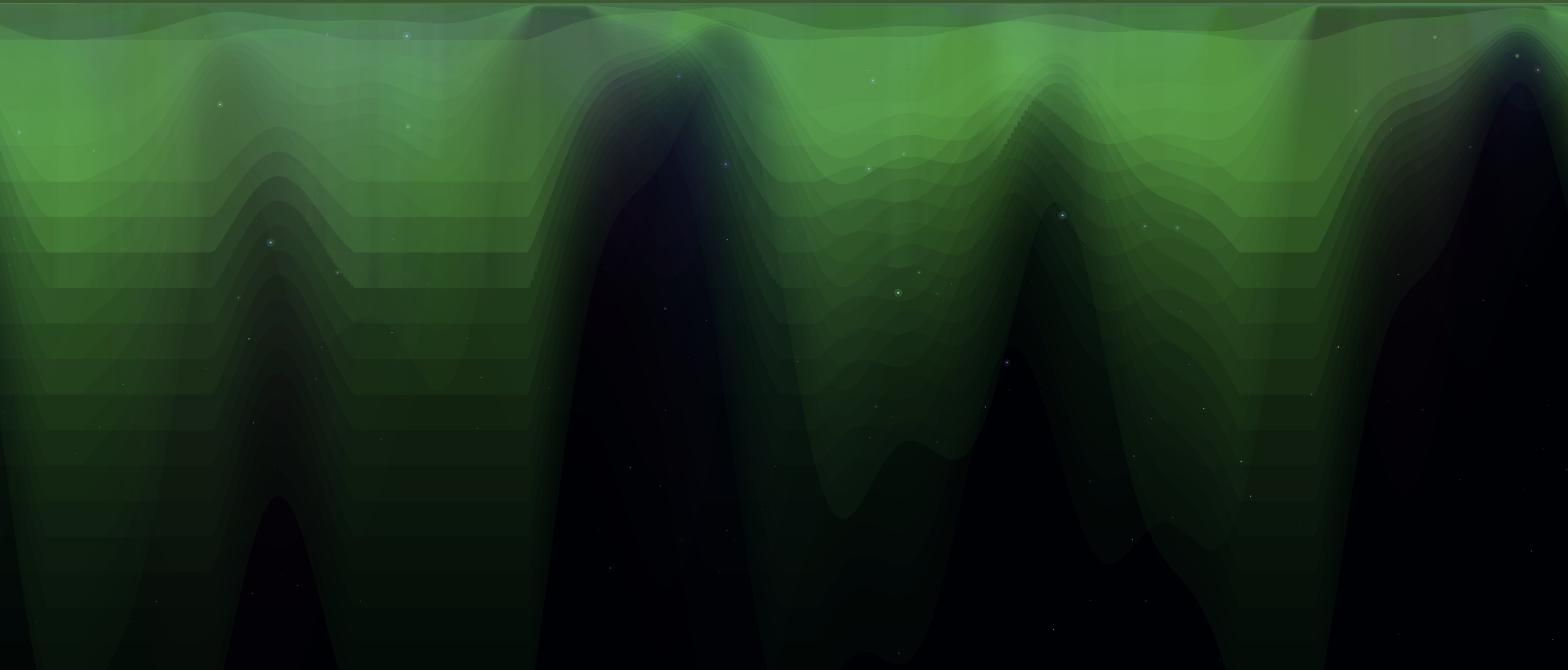 Aurora borealis visualisation with sweeping green curtains of light over a dark starfield and rolling hills