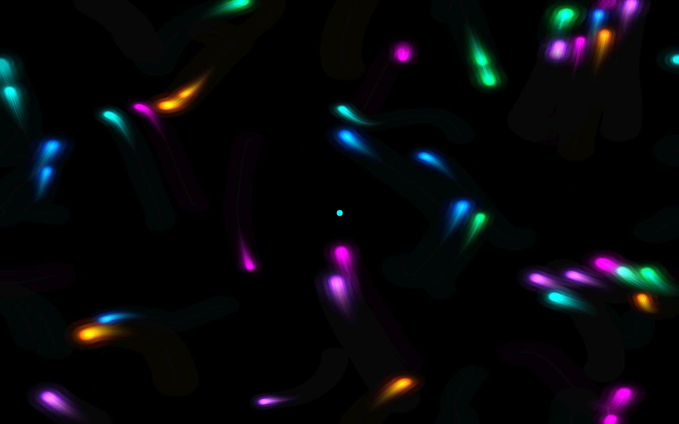 Neon creatures flocking across a dark background, trailing glowing motion trails in cyan, magenta, blue, and orange