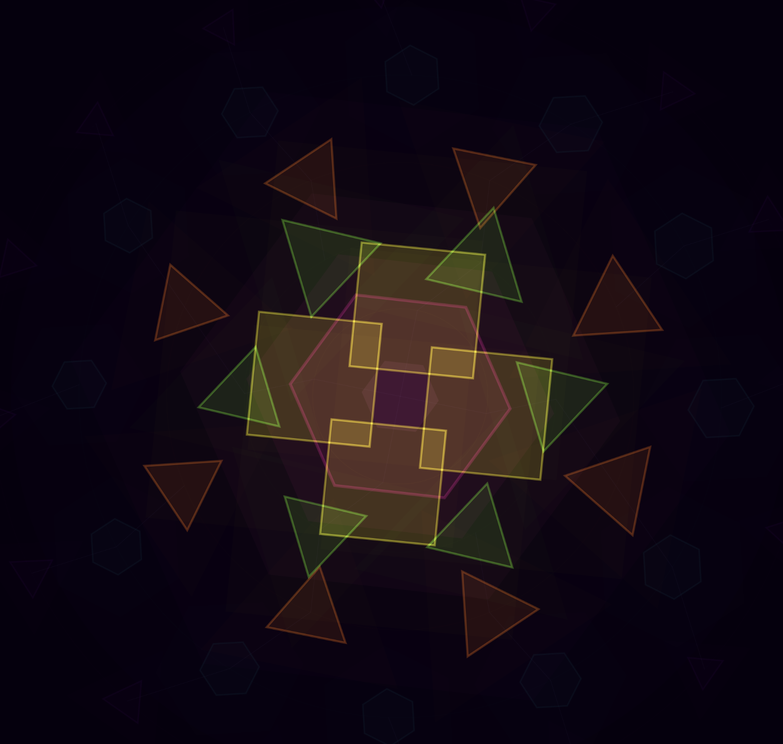 Geometric mandala with concentric rings of triangles, squares, and hexagons in fluorescent colours pulsating around a glowing centre