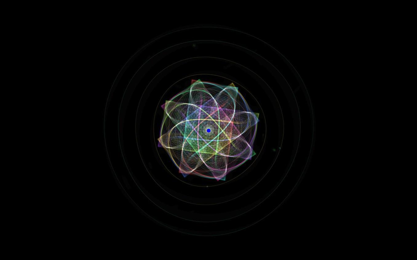 Milkdrop visualiser showing morphing kaleidoscope patterns with coloured Lissajous curves and concentric tunnel rings