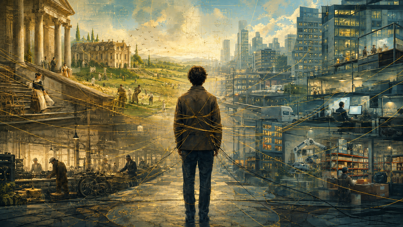 A person stands among golden threads connecting an old estate, agricultural fields, a factory, modern offices and an automated warehouse.