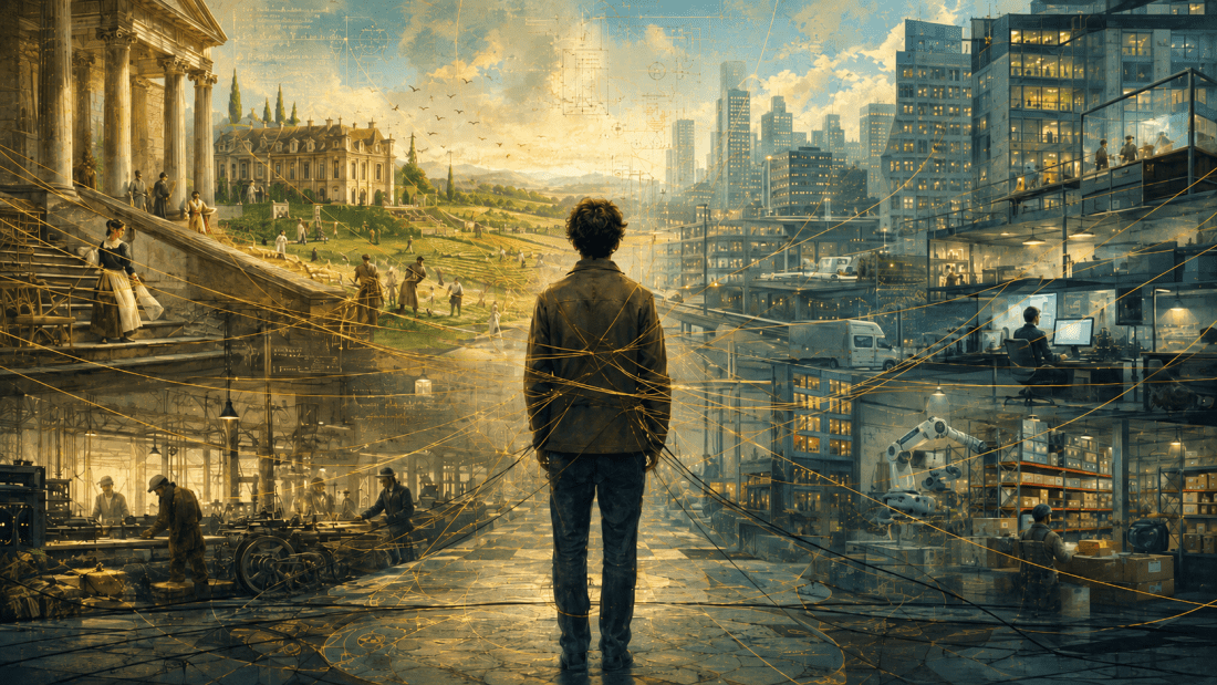 A person stands among golden threads connecting an old estate, agricultural fields, a factory, modern offices and an automated warehouse.
