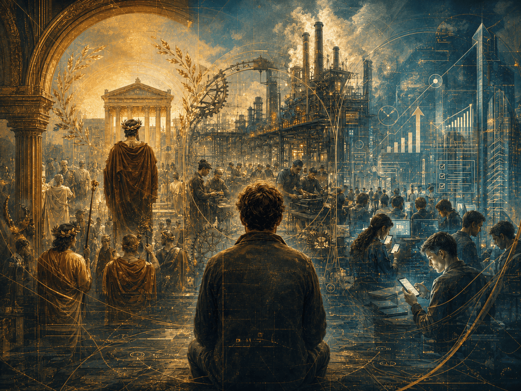 A seated figure faces overlapping scenes of classical hierarchy, industrial workers and modern people using digital productivity tools.