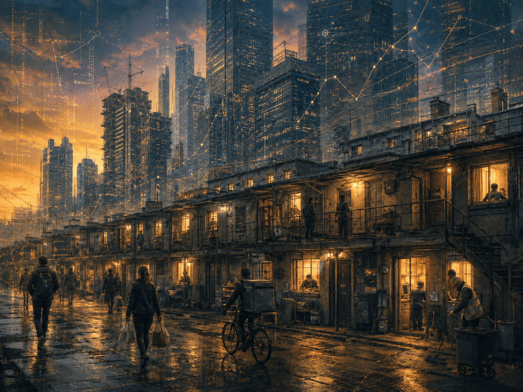 Workers and residents move past modest flats beneath towering city buildings, with glowing market-like lines crossing the evening sky.