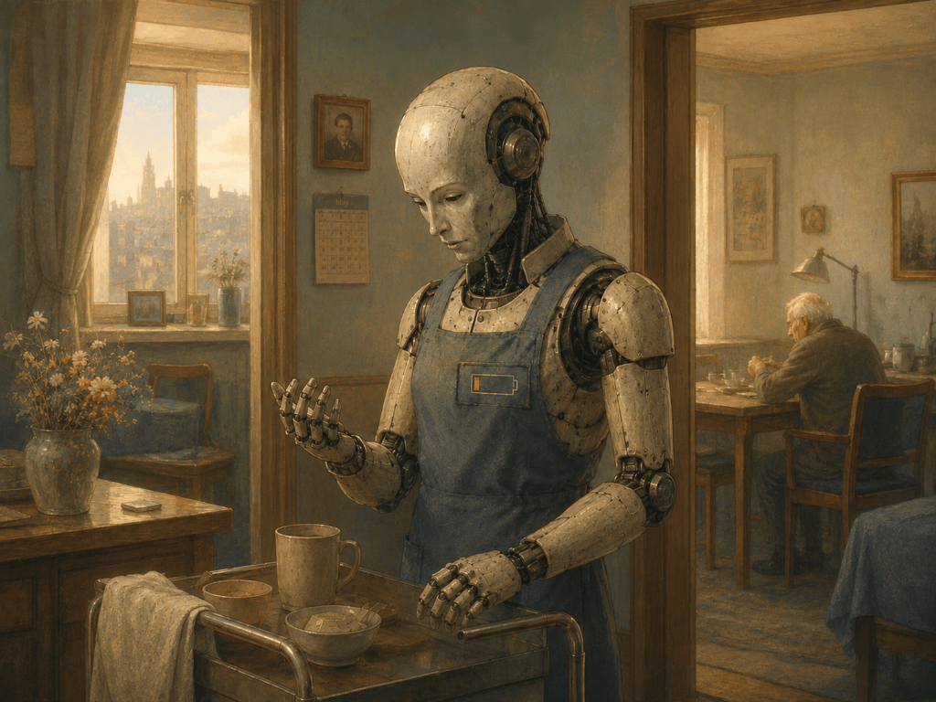 A worn domestic robot with a low battery indicator examines its hand while caring for an elderly man in a warmly lit home.